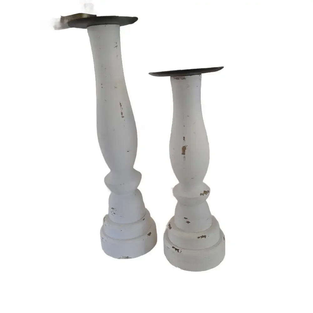Farmhouse Set of Two White Wooden Candle Holders
